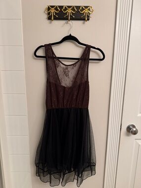 Lace Bodice Tulle Skirt Dress - Brown and Black